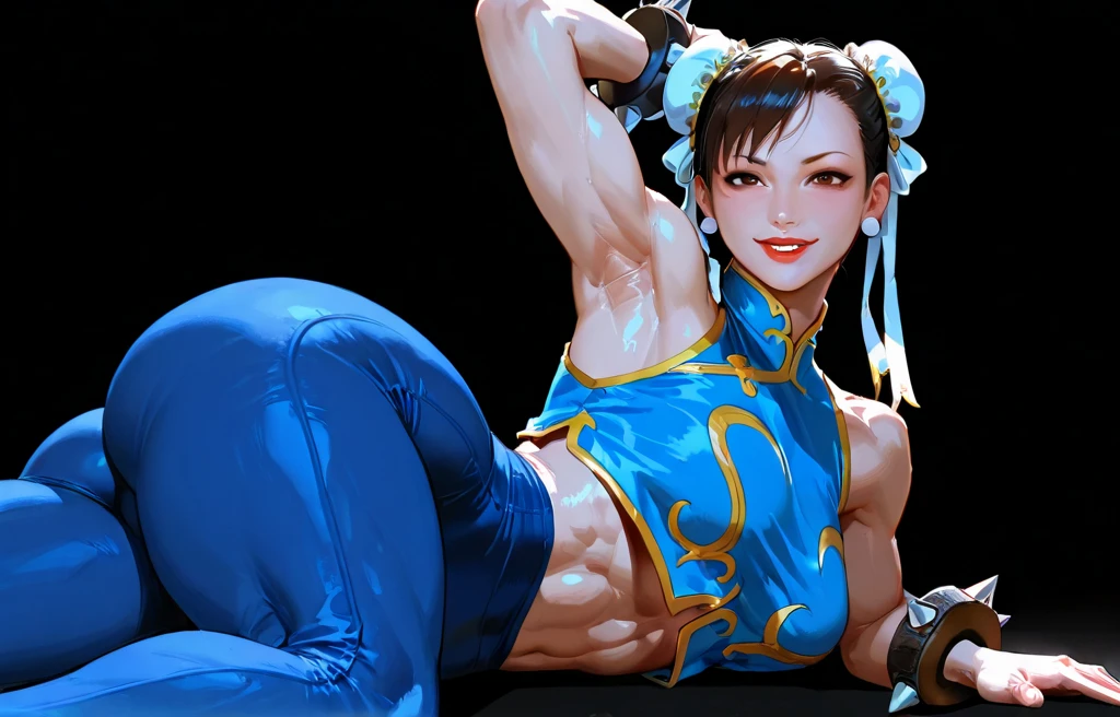 (masterpiece, best quality:1.4), (standing on one leg:1.2), (standing split:1.3), 1girl, solo, sf6 chun, blue vest, unitard, blue pants, skintight, yellow ribbon, short hair, sneakers, bare shoulders, looking at viewer, beautifull smile, beautiful face, highly detailed face, highly detailed eyes, subsurface scattering, realistic pupils, full face blush, full lips, detailed background, depth of field, volumetric lighting, sharp focus, absurdres, realistic proportions, fullbody, hand holding one leg up, street fighter, musclar, abs, flexible, dojo, street fighter Chun-Li, perfect anatomy, toned, musclar legs, detailed legs, detailed body