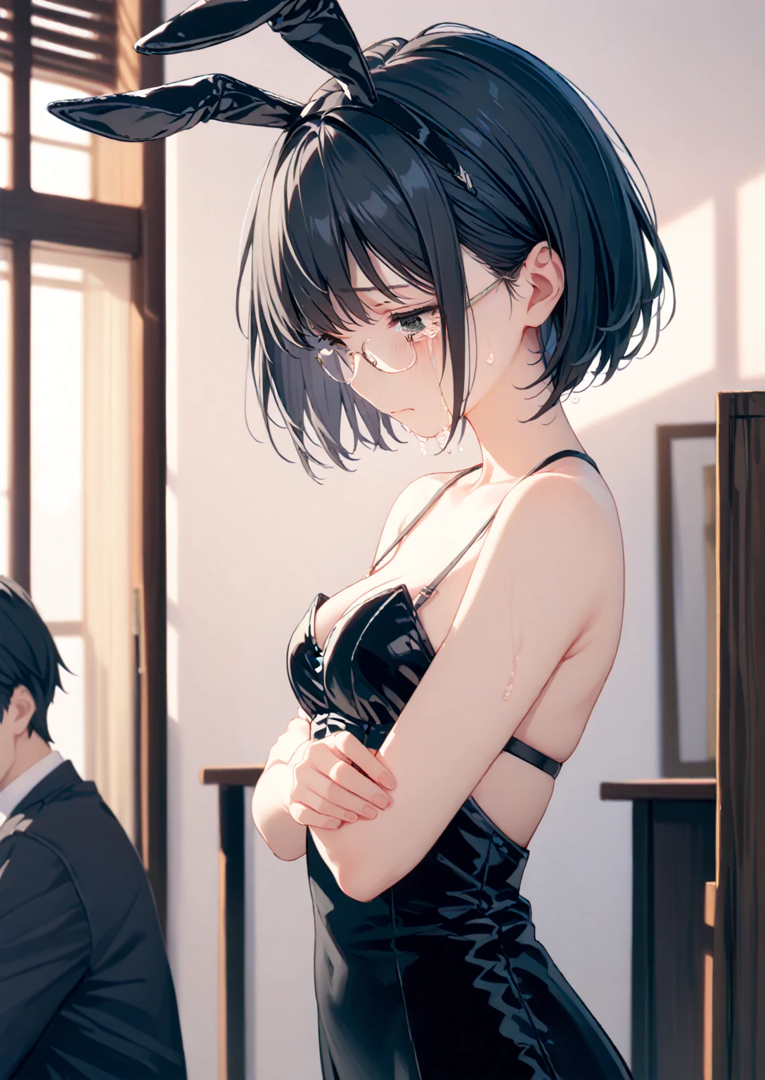 highest quality, High resolution, 1 girl, focus only, (big breasts:0.01), it is in it,  black pants, blush, embarrassing,Reluctant, short hair, black hair, examination room, doctors around, round stool, sitting, black bra, back view, back, unhooking bra, directly behind