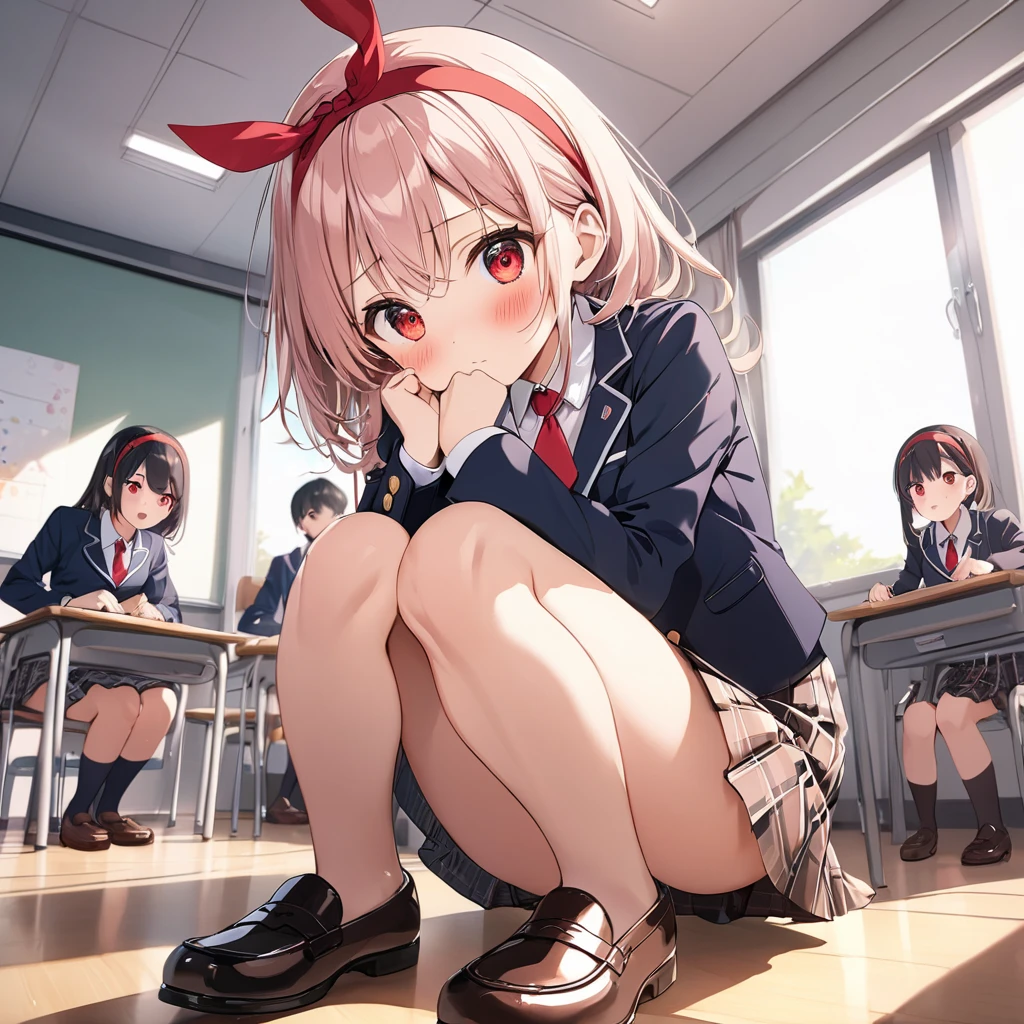 nsfw,cherry blossom cream, Primary school students、8-year-old with short hair, ribbon, Green Eyes, hair ribbon, Pink Hair, Ahoge,
, shirt, white shirt, collared shirt, Jacket, Long sleeve, Captivating smile,masterpiece,Noise Reduction,Perfect Anatomy,High resolution, Very detailed,Game CG,Beautiful attention to detail,Visual Arts,
1girl、(crowd)、 Cowboy Shot、(Pussy、pussy)、(from below),(arms behind back)、Hands folded behind your back、Sit on a chair、Spread your legs、(White panties),(embarrassed,angry)、