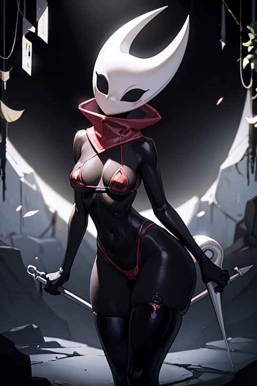 cowboy shot, hornet, mask, black skin, black eyes, Best quality, Ultra-detailed, dark and mysterious lighting, realistic details, curvy, deep blush, thick thighs, large breasts, wide hips, large ass, wet, showing sexy legs, shiny, bottomless, navel, red capelet, pussy,