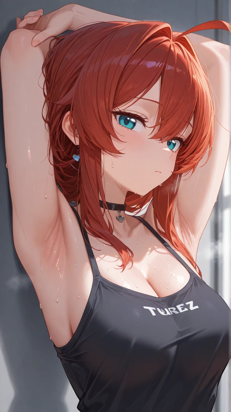 Best quality, 1 girl, cleavage, blue eyes, red hair, standing, looking at the viewer, hands on head, mini shorts, t-shirt, toned belly, sweat, nature, light skin, pose for photo.