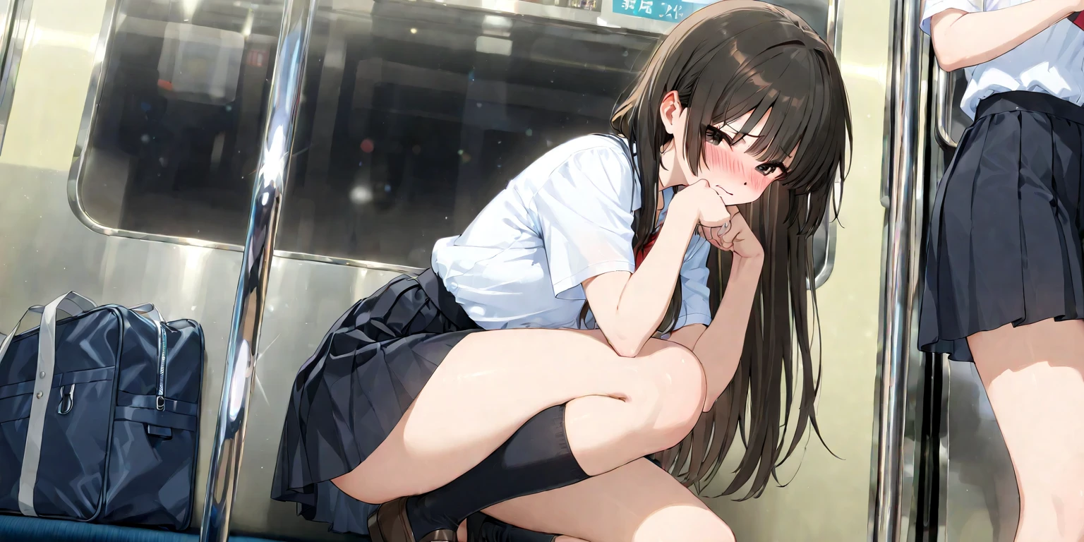 16K、Cute junior high school girl showing off her private parts while naked、From below、Squat、Leaking pee、There is a puddle on the ground from leaked urine、Close-up with emphasis on the vagina