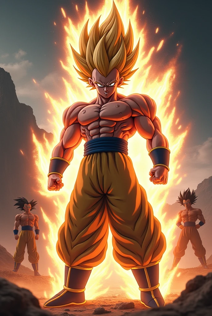 ((Action-filled depiction of Goku in Super Saiyan mode from Dragon Ball)), with bright, (explosive background effects), rendered in the style of Rossdraws and Stanley Artgerm Lau.(((Sexy woman))), sexy bosom, (feminine face), provocative, monkey tail on hips, supple muscles, golden aura, blue eyes, wearing orange street clothes, strong pose