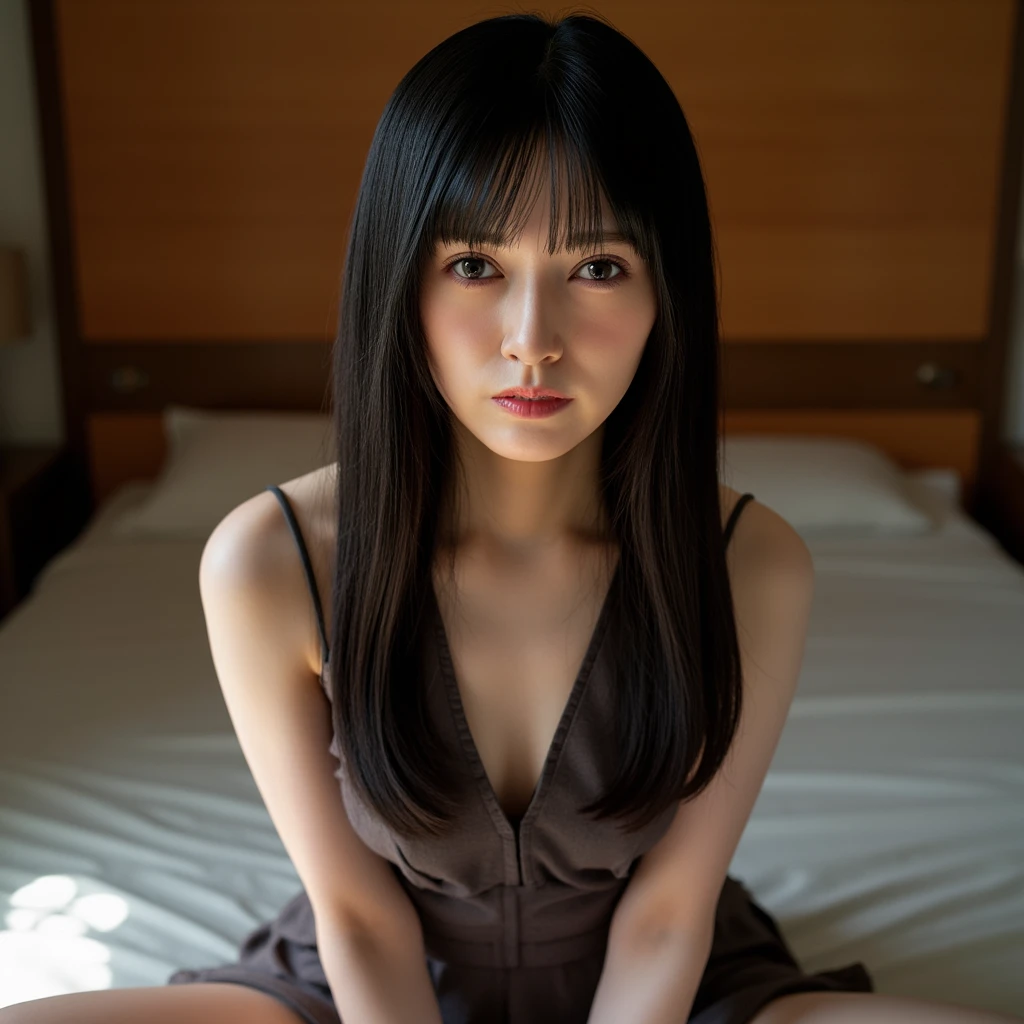 A Japanese girl in her 20s with long black hair、Cute nightgown、Sitting on the bed、One hand on ear