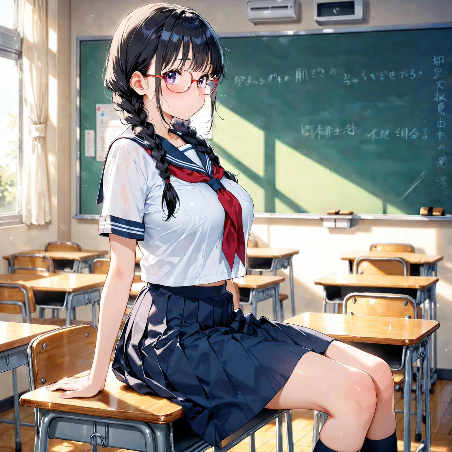 ((perfect anatomy:1.3,realistic:1.3,RAW Photography:1.3,masterpiece、highest quality、Ultra - High resolution、High resolution、Highly detailed CG、8K)),cowboy shot,1 female,solo,18 year old beauty, Japanese、((beautiful detailed face and eyes:1.2,big gorgeous eyes:1.2,black rim glasses))、black hair,short bob hair,(center parted hair:1.4,forehead),medium breasts,slender body,small head:1.3,skinny,(oily skin,gleaming skin,shiny skin,sweat:1.5),(Student uniform、sailor suit、short sleeve、Black sailor collar、Red neckerchief,pleated mini skirt、white panties、love juice、bare legs),sitting,spread legs:1.59、classroomの床、classroom、