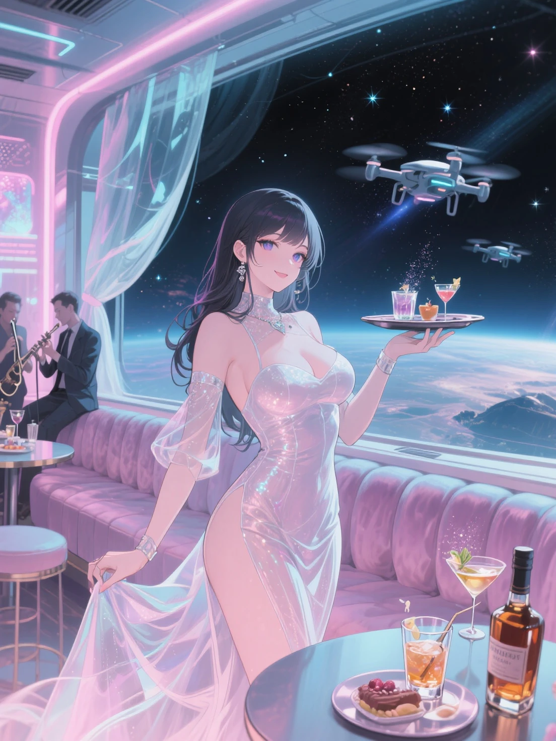 in an airplane, Female flight attendants, standing, Tray in hand:1.2), (tight fit clothes:1.2), (Tight white vest:1.4), (Wear a white vest over a naked body:1.1), (Delicate white lingerie mini skirt 1.4), (Wear a short purple skirt over pantyhose，The chest is large),(Love print on vest), (Hang the neckline:1.2), bare shoulders​, Plump big breasts，Perfect body slim curves，Three girls，