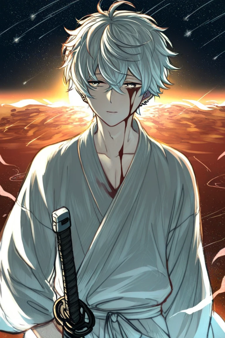 A young teenage man with curly white hair and blood-red eyes in a white outfit is a black cape tied with blood on the body on the floor, a pile of corpses with blood on the floor;