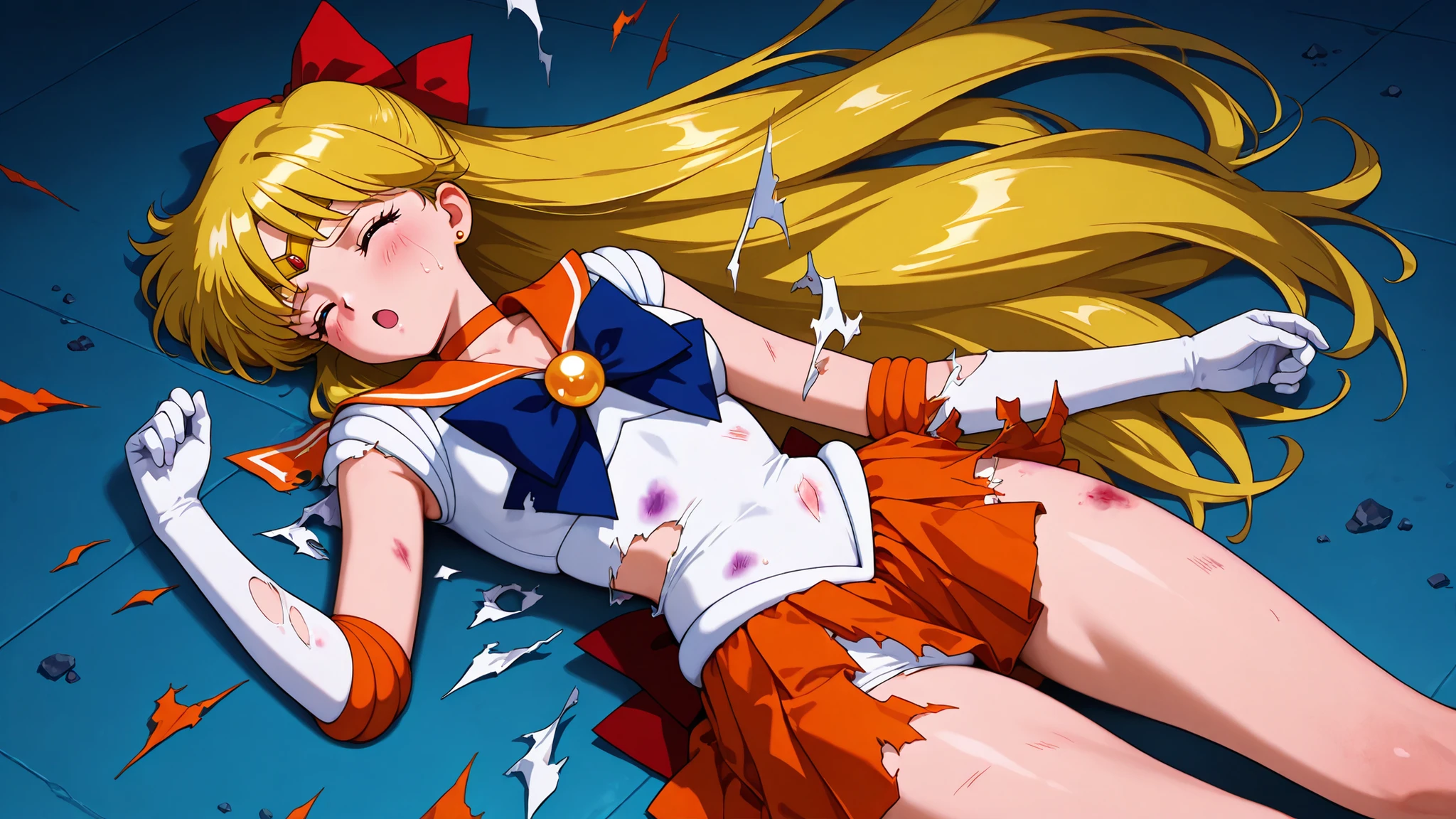 masterpiece, amazing quality, best quality, ultra-detailed, 8K, illustration, clear skin, ultra-detailed-eyes, soft skin, very awa, very as2, soft body, 90's style, official art, minako aino, blonde hair, hair bow, half updo, long hair, red bow, tiara,back bow, choker, elbow gloves, jewelry, magical girl, orange choker, orange sailor collar, orange skirt, sailor senshi uniform, skirt, white gloves, lean back, closed eyes, :o, torn clothes, bruise, exploding clothes, on the floor