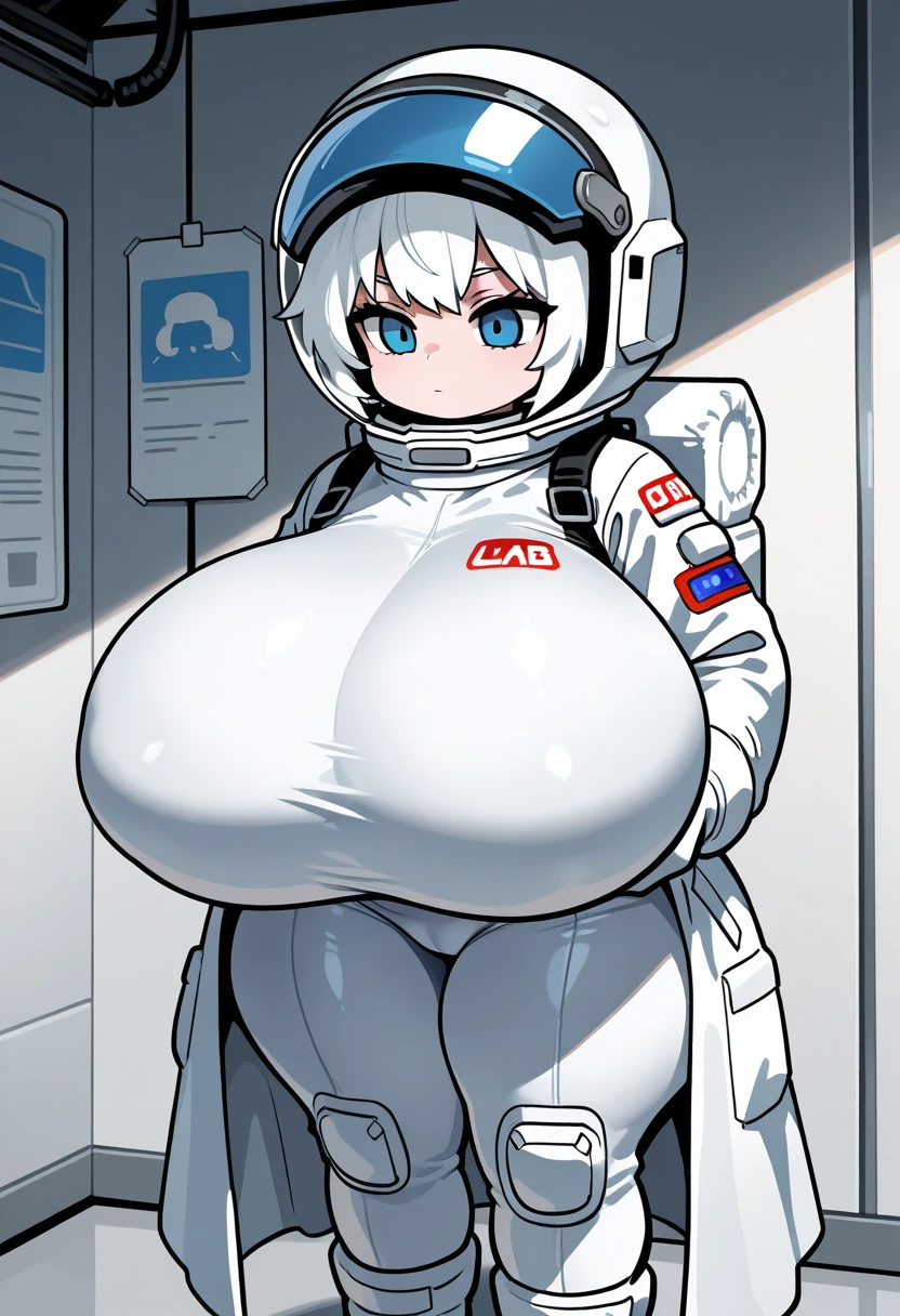 Obese space fighter pilot girl, (bodysuit): 1.4, fat rolls, short blond hair, (hair bun): 1.3, ahoge, solid white background, cool pose, character select portrait, extremely obese, chubby