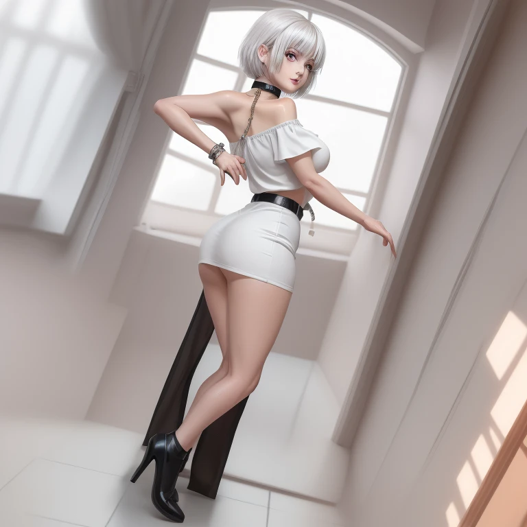 create a female character, white hair, breasts small, slim, standing and looking forward, and blindfolded