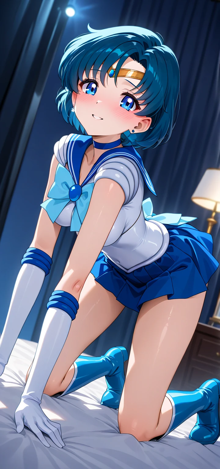whole body, Sailor Mercury, short blue hair, blue eyes, circlet, choker, earrings, blue sailor senshi uniform, white elbow gloves, blue bow, blue skirt, blue heels, looking at viewer, serious, smirk, squatting, Open your thighs wide to the left and right, Showing off your crotch to the viewers, arm behind head, inside living room, soft lighting, high quality, masterpiece, embarrassing, blush