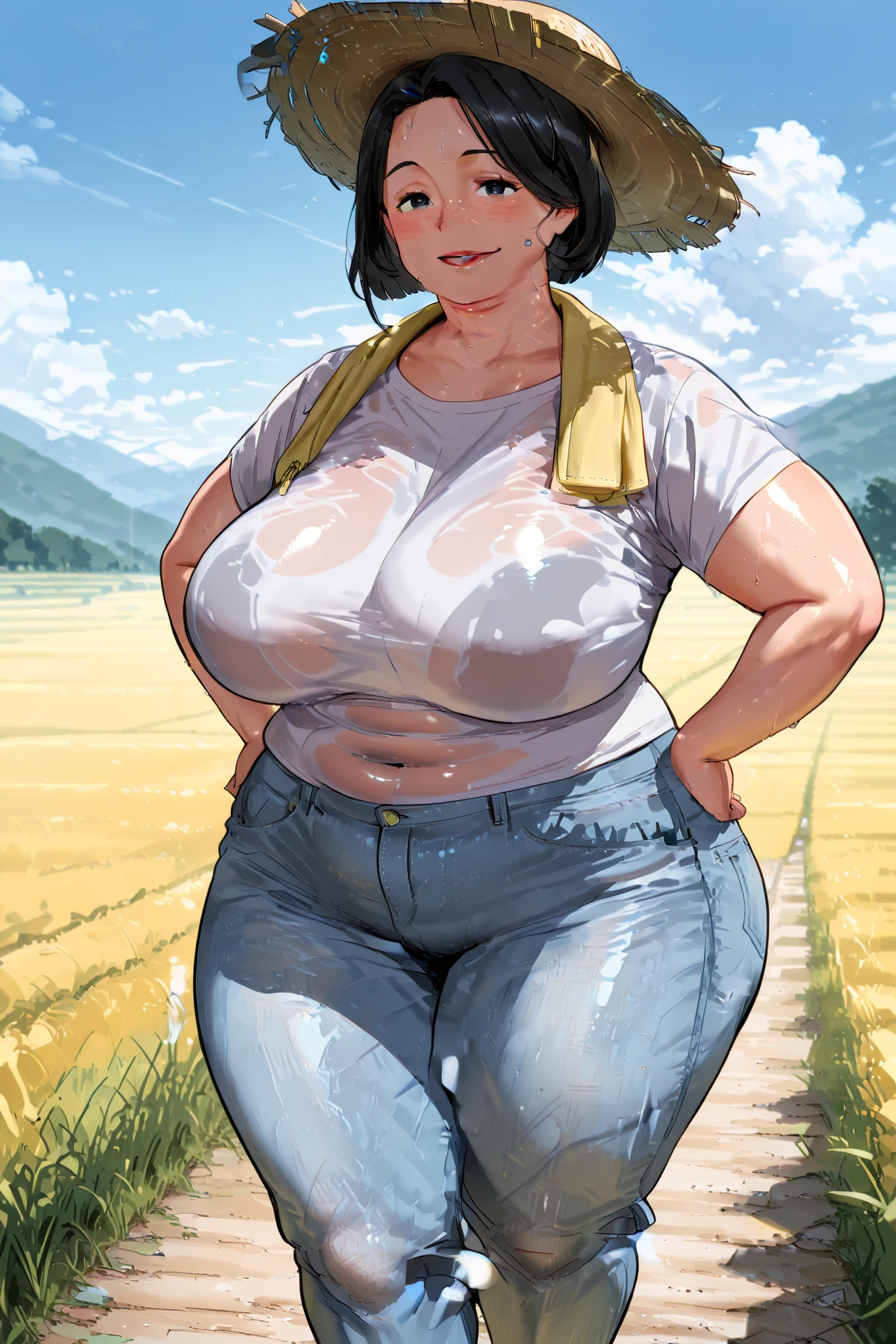 score_9, score_8_up, score_7_up, score_6_up, score_5_up, score_4_up, BREAK 1girl, solo, hourglass figure, sfw, kemonomimi, bear ears, big breasts, bangs, hair between eyes, short hair, brown hair, blue eyes, freckles, standing, nude, pubic hair, knee socks, white socks, high socks, sneakers, outdoors, grass, day sky, smile, closed mouth, looking at viewer, mature female, landscape