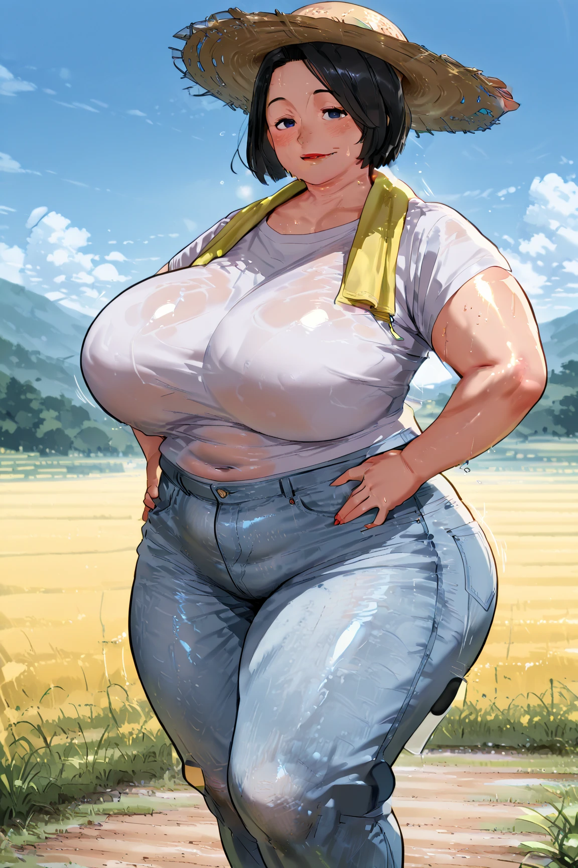 Woman with black hair, with big breast, pubic hair, (naked), beautiful nose, beautiful finger, beautiful face, sad smiling, masterpiece, busty, mature female, milf, farm background, looking at viewer, blush face, showing her pussy, big ass, sweating, (full body), orgasme face, blush face, standing, (armpit), long hair, open mouth, tattoo, ((pussy cum)).