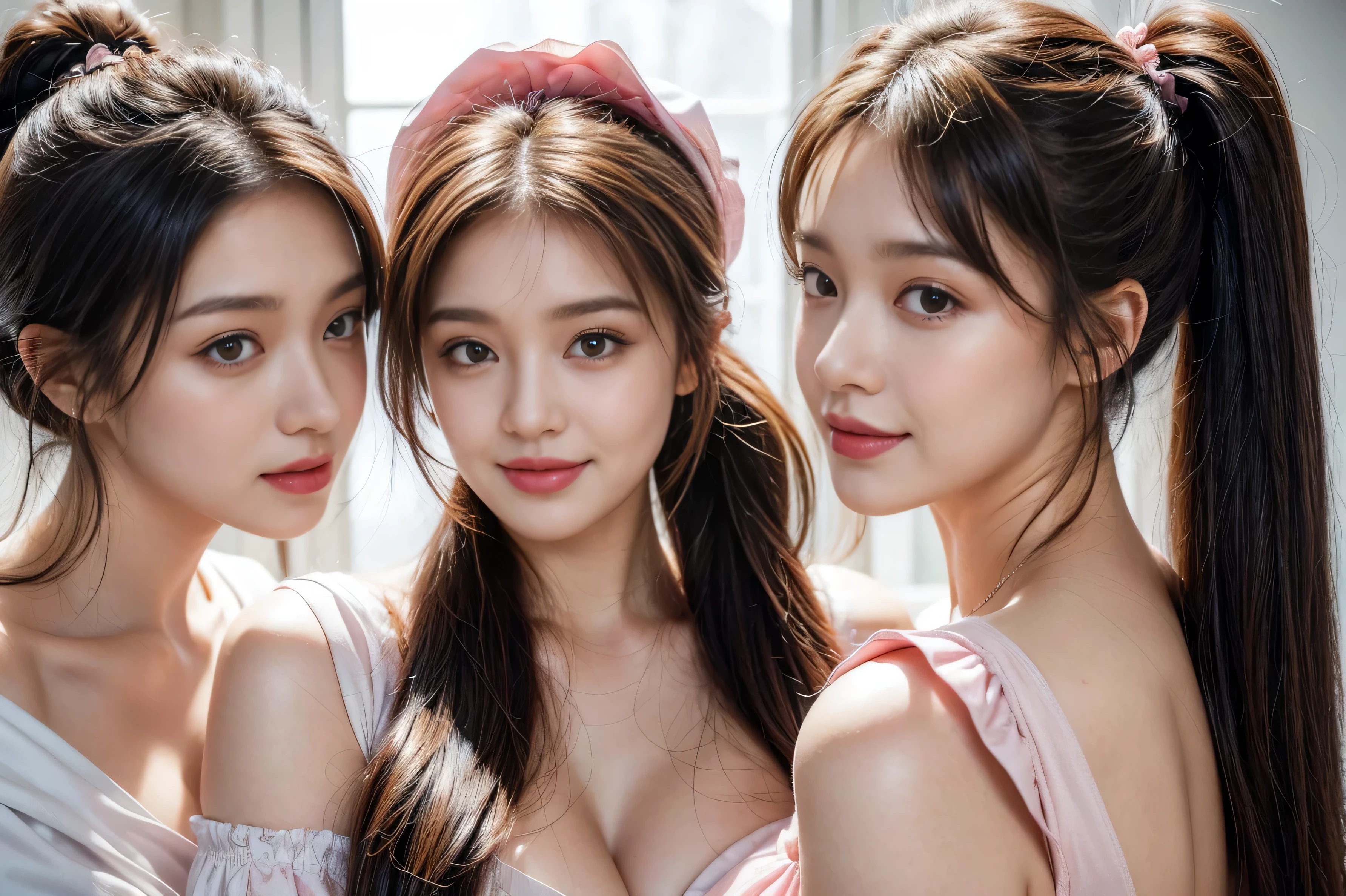 ( 3 girls),smile、Look into the camera、diamond necklace、braided hair (pajamas), The material is smooth and flexible..、revealing upper arms、Blue-green striped knee-length socks Extra long double tail feathers、close range shooting、Flower Hair Ornaments、Close your eyes、Garter、 Masterpiece, Highest quality, 8ก, beautiful girl, young face、 photography, Cute face, thigh,In the waterfall,、รอยsmile、small waist,(((The chest is erect..:1.2)))(((round chest:1.2)))(((big breasts:1.2)))