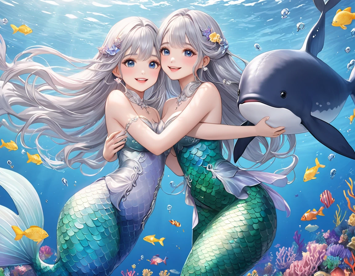 (best quality,4k,8k,highres,masterpiece:1.2),ultra-detailed, Pretty anthropomorphic albino mouse girl magically transformed into a beautiful mermaid, race swap, fantastic transformation, sharp teeth, is smiling, drawn in anime style, steampunk, fishlike, wet body, very long curly white hair, red eyes with long eyelashes, white fur, slim body, whiskers, mouse ears with pearls attached on them, long mermaid tail below waistline with shimmering cyan fish scales, pelvic and dorsal fins, a pair of fish gills on her torso, seashell bra, pearl bracelets, pearl necklace, joyful expression, playful mermaid poses, sparkling water, water reflections, ethereal atmosphere, subtle glow, whimsical and enchanting, checking her new body, underwater world, colorful coral reef, magical underwater lighting, vivid colors, breathing underwater, endless ocean depths, sunlight filtering through the water, Highly detailed, masterpiece, high quality, 4K.