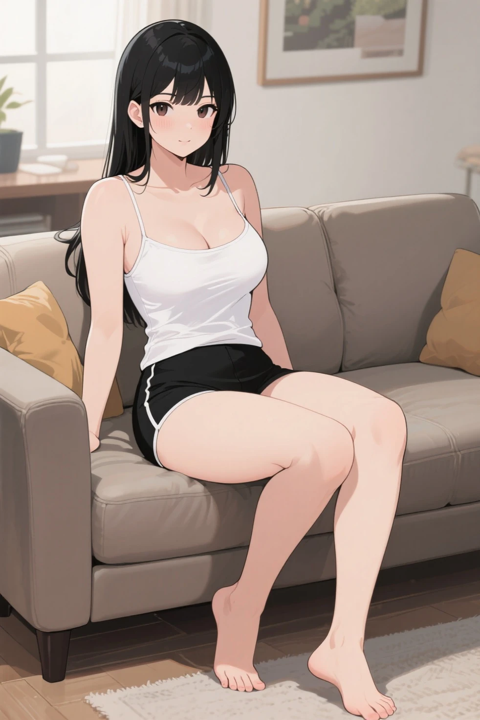 score_9, score_8_up, score_7_up, score_6_up, score_5_up, score_4_up, (8k, RAW photo, best quality, masterpiece:1.2), black hair, long hair, front view detailed body, long belly , Slender body, tight body , thicc, large breast , long thighs, Seoldef, black hair, black eyes, long hair, cleavage, 1girl, solo, sneakers, breasts, shoes, long_hair, black_hair, cleavage, sitting, closed_eyes, couch, realistic, skirt, nike, legs, large_breasts, no_socks