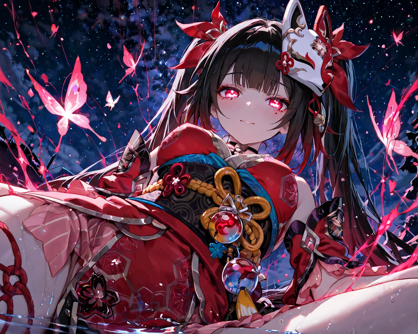 Girl fused with a spider. Kimono Maid Clothing. Spider Web Costume. Spider legs from the skirt. Inside the mansion. Four sparkling red spheres hair ornaments. sharp claws. Chess.