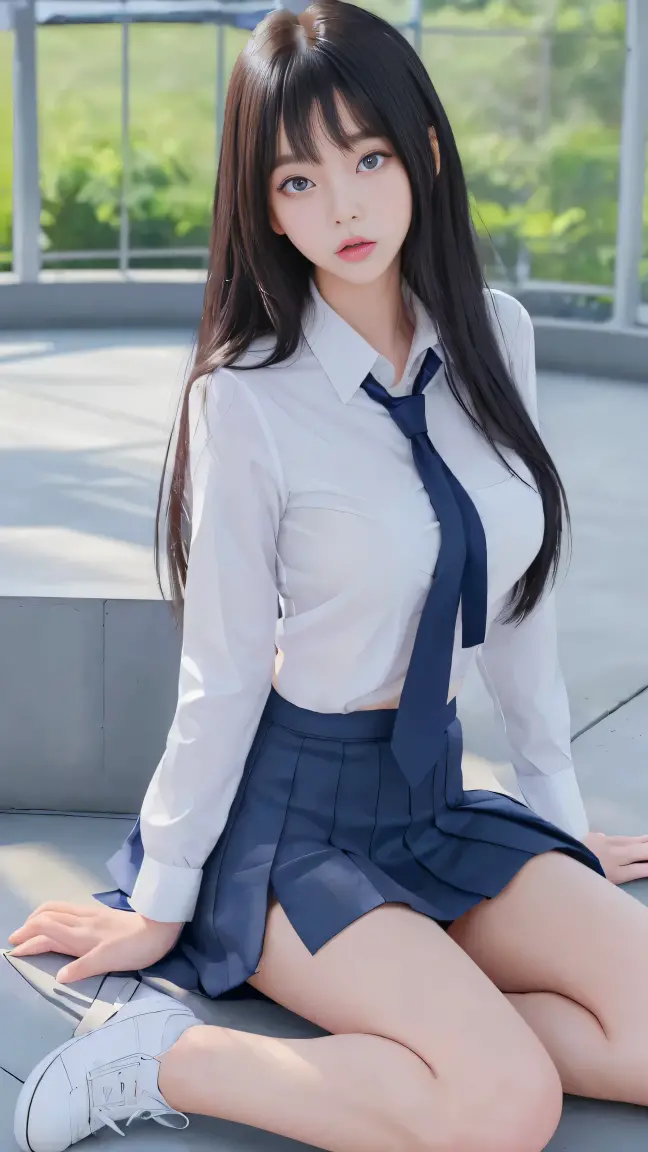 ultra realistic 8k cg, picture-perfect face, flawless, clean, masterpiece, professional artwork, famous artwork, perfect face, beautiful face, beautiful eyes, ((perfect female body)), solo,(immersive atmosphere, chiaroscuro:1.5,bright light:1.2,luminous lighting)
,,(blush:0.5),seductive expression,extremely detailed_eyes,thick thighs,large breasts,
beautifully detailed background,depth of field,realistic:1.3, long shot,1girl,shirt,pleated skirt, school uniform, sitting, full body,
(ambient light:1.3),(cinematic composition:1.3),(neon lights:0.1),(HDR:0.1),Accent Lighting, white pantyhose,