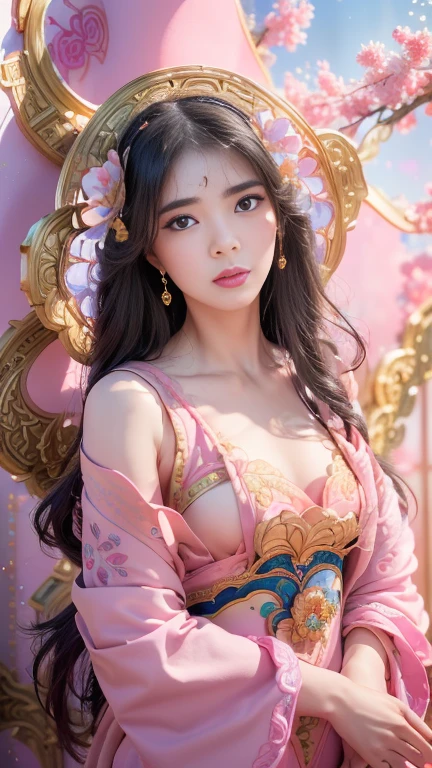 ((top-quality、masutepiece、8K、Top image quality、Highly complex and detailed depictions))、(the most gorgeous chinese goddess:1.1)、((The most gorgeous prostitution goddess huge costume、The most vivid and luxurious Chinese costumes、big long chinese goddess costume、The unimaginably beautiful bedroom of a Chinese goddess、purple and pink gems、(purple and pink goddess bedroom:1.3)、(romantic dark night:1.2)、(pink and purple lighting:1.2)、spectacular movie lighting、A glittering room decorated with jewels、The most sacred and beautiful Chinese goddess'Bedroom、mid night、Very complex decoration、very clear chinese goddess bedroom、(View me、Bewitching smile、Perfect makeup、long eyelashes、lipsticks、Pink eyeshadows、perfect anatomia、Biggest smile)、(huge beautiful curtains:1.1)、(The most elaborate goddess room:1.2)、(Professionally designed, Interior design with a sense of unity:1.3)