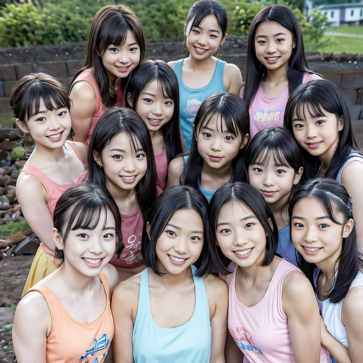Japanese s、( There 5 cute elementary school students ) ,((Group of 5)),Cute Girl Model,((Harem )), 5 elementary school students are very young , all girls are underdeveloped , (( no makeup at the coal mine )) , High image quality, masterpiece, Accurate, (( pastel tank top t-shirt )), ( Pastel Westcross ), red cheeks , Best Quality, smile, Realistically Staring , ( There :1.4),( 医学的にAccurate ),,(( There :1.4)),(( Classmates )), {{x}} staring at the camera ,smile,(( たくさんの女子の Classmates がいます )), At school playground