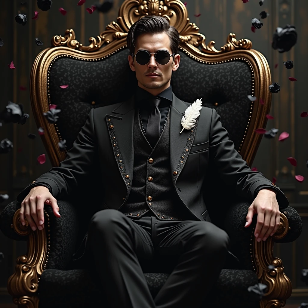A muscular man with a skull on his face, 180cm tall, wearing a suit and sitting on a throne