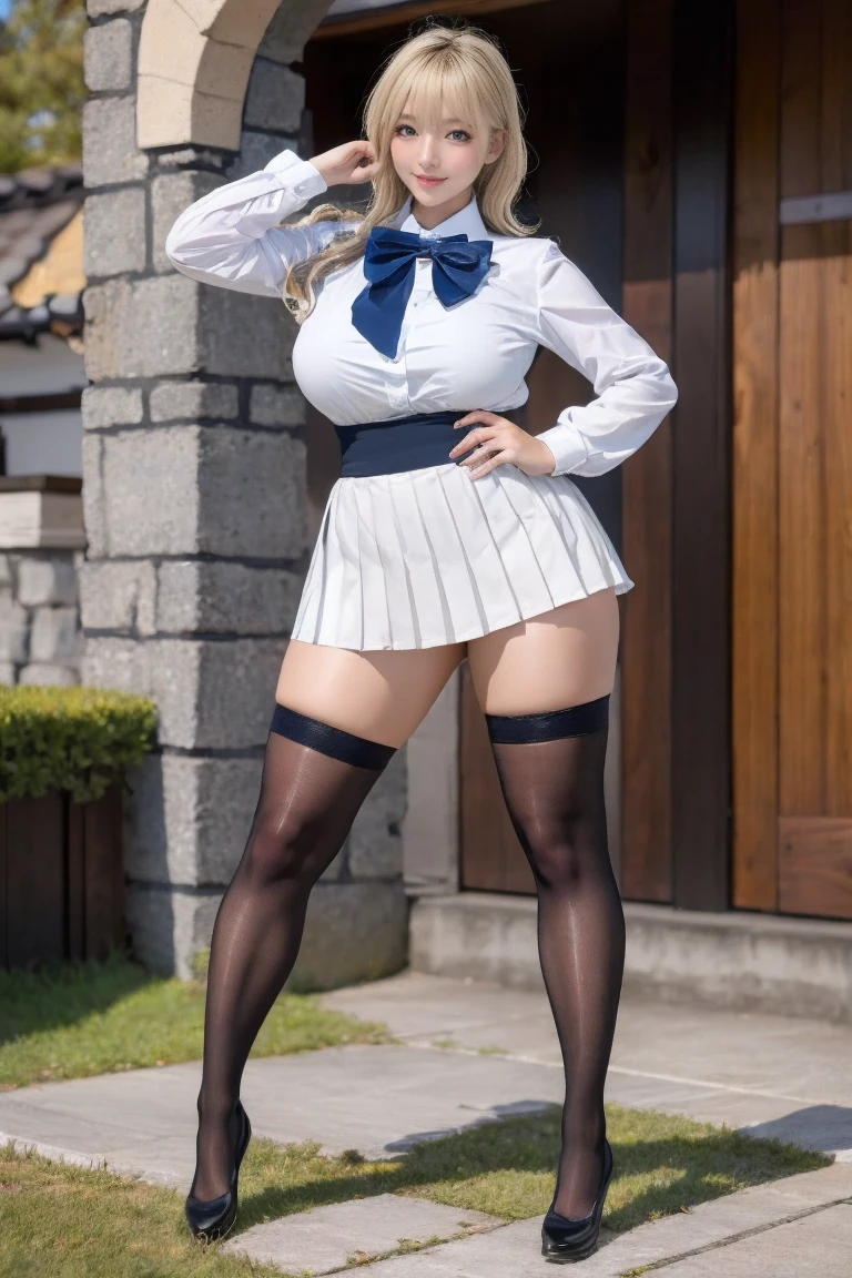 ((Correct Anatomy)),(Detailed image quality),(Female student)、((school uniform))、((Sailor suit))、(Mini Pleated Skirt),(((Black Stockings))),((School Uniform)),((standing)),Ultra-high resolution,Mature Woman, Mature Woman, Very detailed,Sunburned skin,Brown Skin,((Beautiful legs)), (Big Breasts),((Beautiful feet)),Perfect hands, Detailed fingers, Beautiful details, ((Long blonde hair)),((ponytail)),Black Choker, Earrings,loafers,Perfect Eyes, Captivating eyes,(School stairs)