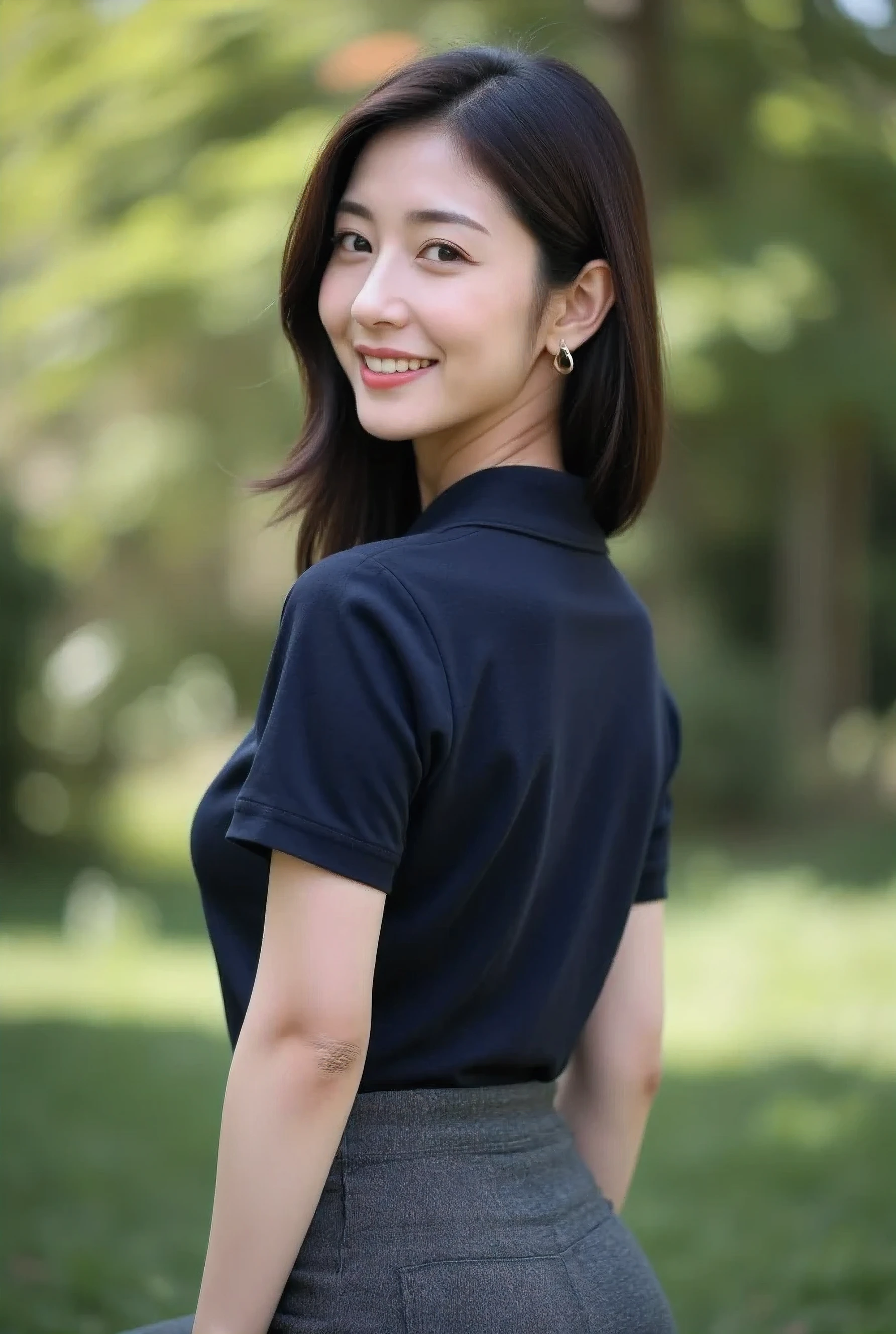 (masterpiece, photorealistic, natural shading:1.4)
(A very beautiful 28-year-old Japanese woman),
(A cute oval-shaped face:1.2),
(A gentle smile with slightly droopy eyes),
(A delicate figure, a voluptuous bust:1.3),
(Straight, medium-length, dark brown hair),
(A tight, midi-length, dark gray pencil skirt),
(A dark navy blue polo shirt:1.4),
(Smiling with a calm expression, looking at the camera over her back),
(A shot of her above the knees from the side in the shade of a bright park)