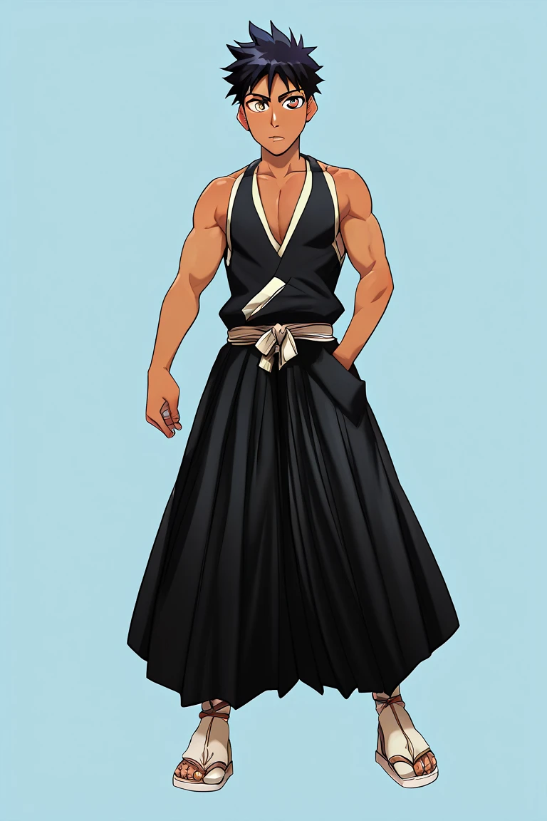  A young man with a serious face, sharp, sleepy yellow eyes, violet hair with yellow highlights, and he wears black clothes with two yellow stripes. He is 185 feet tall and has a black sword. His hair is very thick, slightly long and raised high. He is strong with an athletic, medium-muscled body. 