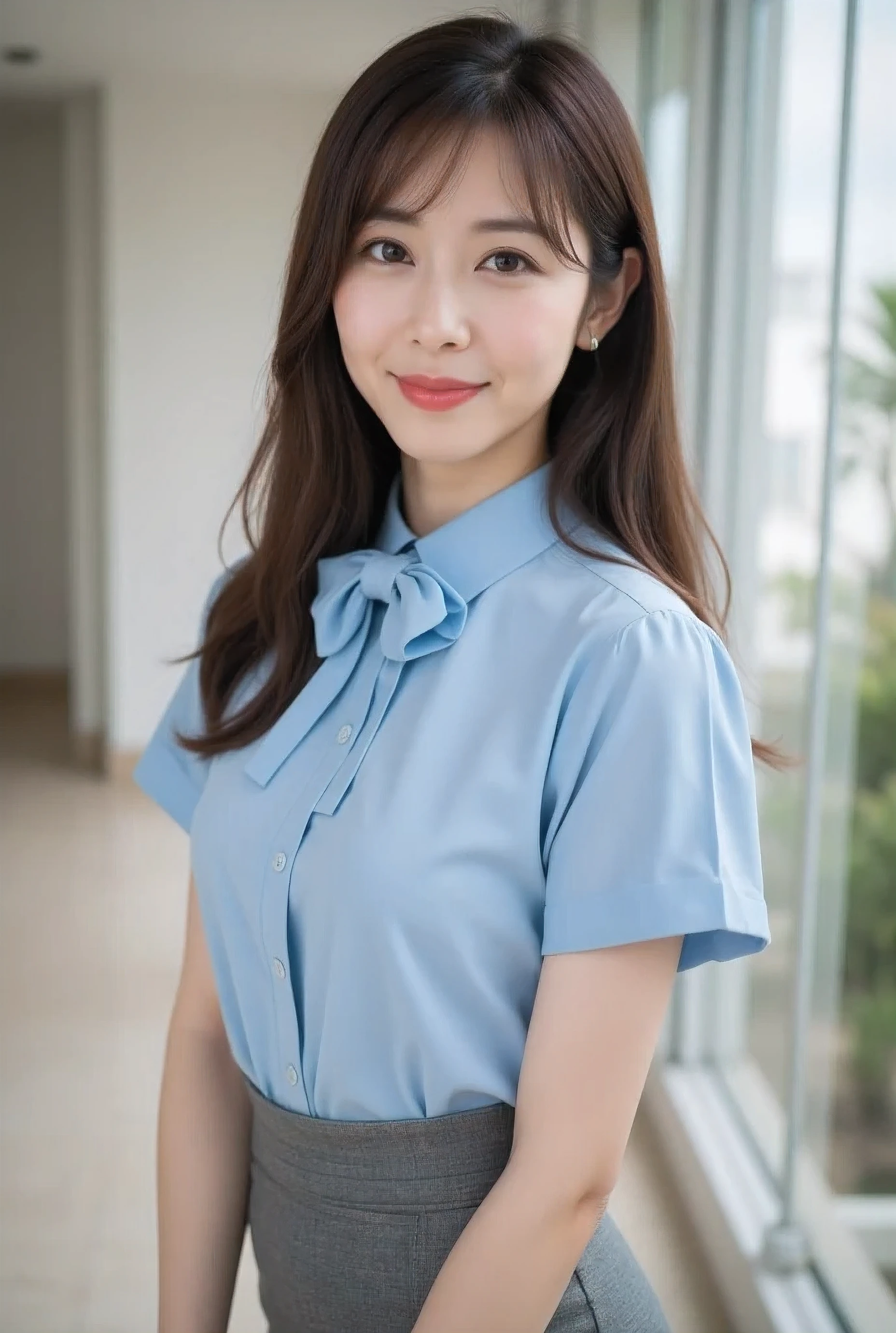 Masterpiece, top quality, (very beautiful Japanese woman, 30 years old), well-groomed face, (light blue short-sleeved bow tie blouse: 1.4), (tight, midi-length grey pencil skirt), (slim, slender style, beautiful chest line: 1.3), ((straight long brown hair)), ((bright conference room,Side waist shot))), Writing boundary depth, (Photorealistic: 1.3)