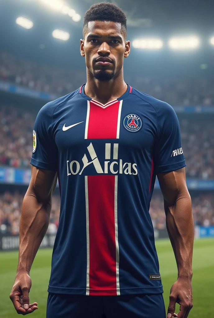 photorealistic, 8k, hyperrealistic, a Kylian Mbappe wear PSG jersey, number 10, celebrating his goal, in stadium, arm crossed pose, highly detailed face, intense expression, full body in frame, dramatic lighting, cinematic composition, chiaroscuro, dramatic shadows, photographic realism