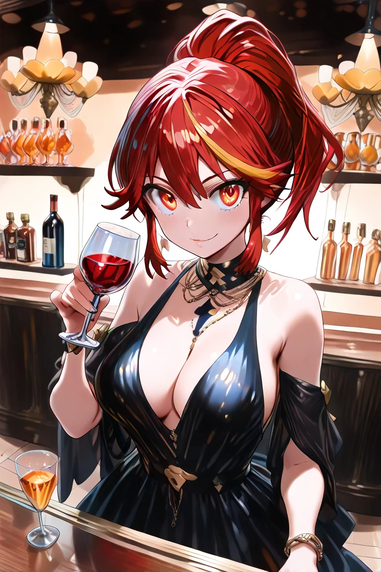 best qyality, perky tits, 8k, stocking suspenders, (woman 1), medium breasts, jazz bar, red dress, bob hairstyle, choker around the neck, starry eyes, noir style, professional, (yellow hair:1.2), (purple hair:1.5) full height, girl sitting at the bar counter, dim light indoors