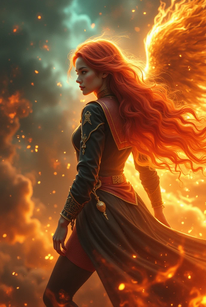 Teenager woman with curly red hair and red eyes with curvy waist and big thighs and big butt wearing sexy black samurai armor surrounded by red fire with fire phoenix around 