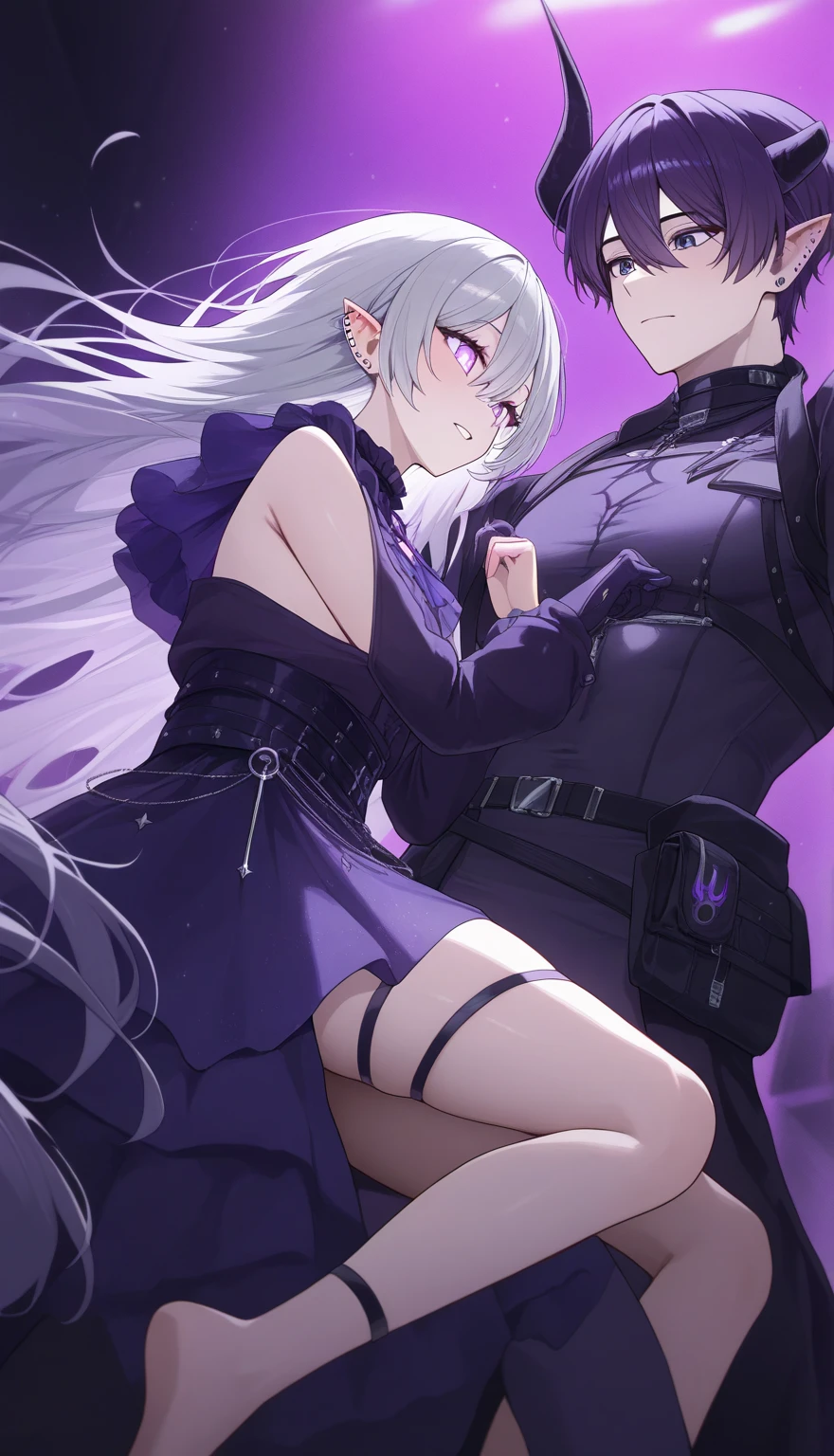 1 woman with white hair, blue eyes, position on all fours, man with white hair, blue eyes, holding a leash on the woman, 1