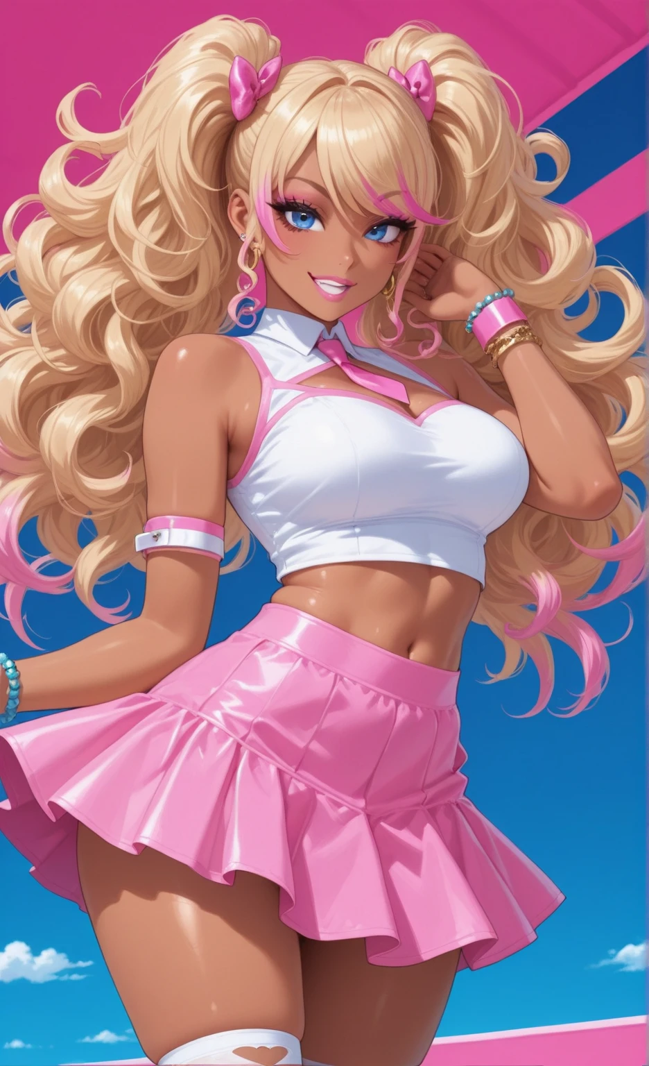 Illustrator, anime , Realistic ,sketch , 1 person, model, lip, Revealing Grid Girl Costume, Revealing Race Queen Costume, Exposed high leg swimsuit, order, Blue and pink gradient background, Neon Color Hair, Big Breasts, whole body, look back, Sexy look, Sexy pose, Texture Trim, Russian, (masterpiece,Highest quality)