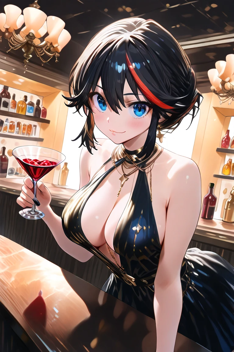 best qyality, perky tits, 8k, stocking suspenders, (woman 1), medium breasts, jazz bar, red dress, bob hairstyle, choker around the neck, starry eyes, noir style, professional, (yellow hair:1.3), (purple hair:1.4) full height, girl sitting at the bar counter, dim light indoors