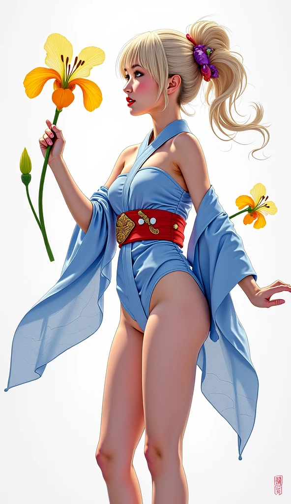 This version has slightly lighter skin and wears pale pink blush to match her eyes. Her lips are pale yellow and she has light blue eye-shadow on. Her teal hair and worn entirely pulled back, held by a gold headband that has a big pink ribbon and three gold sunflowers on it. She wears a pink, gold, and cyan gymnastic one-piece with ornate gold detail around the top of the chest and left shoulder, and waist. The top has a single long sleeve, and it is paired with gold shoes that have two straps held by a sunflower. SPARKLE; GLITTER