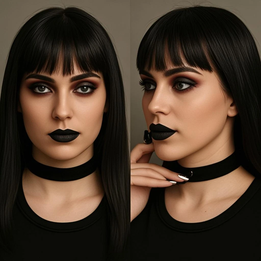 <lora:ebrusahin:1> woman, short hair, 1980s, goth