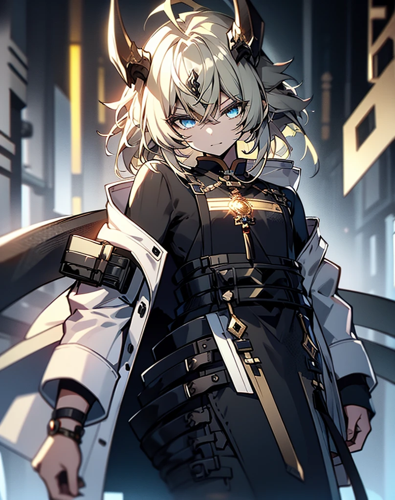(best quality, masterpiece), (1girl, trench coat, expression face, black yellow eyes, white hair, hood, white gloves, looking away, closed mouth), (less light, full moon, cracked city background, sandstorm, floating debris behind, abandoned place, Yellow dust sky, Lightning),