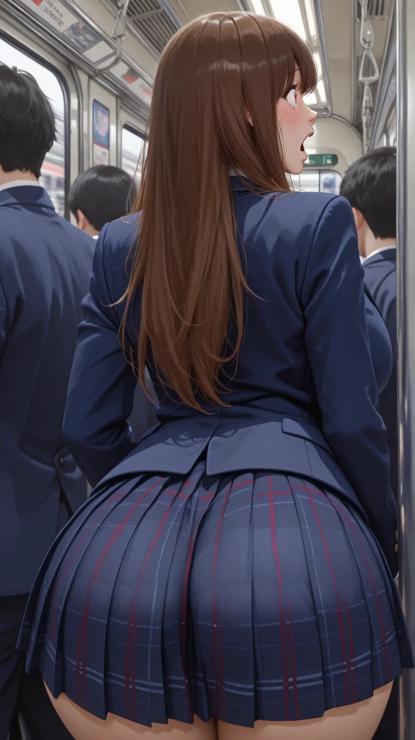1Man girl、top-quality、超A high resolution、Colossal tits、breastsout、Wavy blonde hair、Picture-perfect face、、Beautiful expression、beauitful face、beautidful eyes、High School Uniforms、Schoolgirl Uniform、a miniskirt、White T-Pack、beauty legs、Subway train interior background、In a crowded train、(Lots of men on the train、Male molesters、Molestation on the train)、(((( Man standing behind schoolgirl、A man lifts a skirt from behind a schoolgirl、A man grabs a schoolgirl buttocks from behind、A man grabs a schoolgirl's chest from behind、Touching the chest))))、(insertion(SEX) 、Ejaculation on the body、Massive ejaculation)、fear expression、blushed face、s ass、Turned、、upturned ass、Show me your sloping buttocks、Stick your big butt out towards the viewer