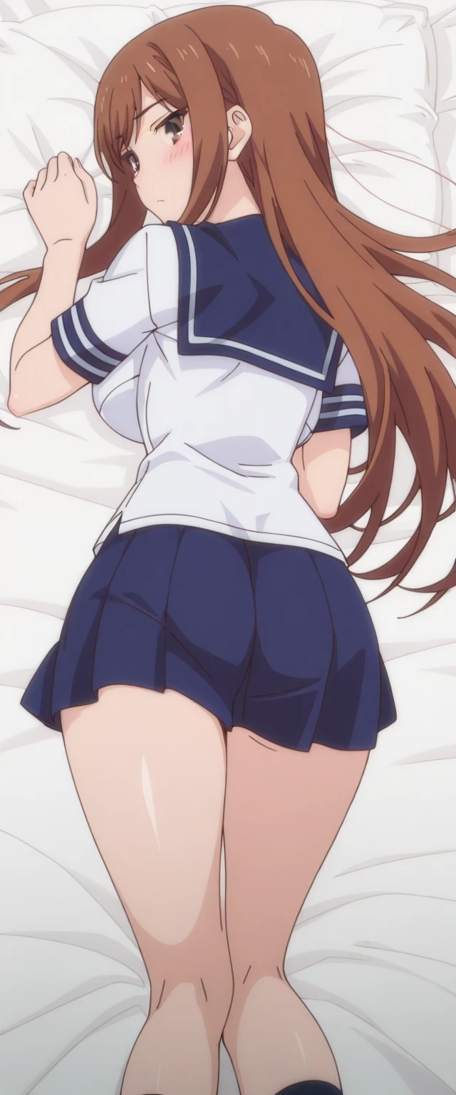 Sfw, Hot anime girl, huge tits, huge ass, upskirt pov, detailed face, horny expression, striped panties, thighhighs
