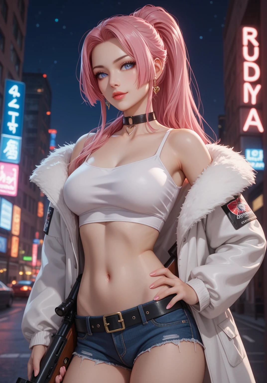 (unparalleled masterpiece ever, Best Quality, Perfect Artwork)), (Detailed),(((1 girl))), (Ultra-detailed), (blurred background), (Realistic Cloud), crystal clear skies, (Smooth Cloud),(Standing), Long hair, Pink hair, Shorts ,Open jacket, White jacket, cleavage, gloves, shorts, Choker, sleeves White hair, Thigh strap,