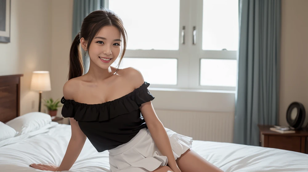 ((Highest quality, 8K, masterpiece: 1.3)), 1 Female, The beauty of slim abs: 1.3, (Hairstyle Casual, Big ample breasts: 1.2), Wet Skin, Ultra-fine face, Detailed eyes, double eyelid, smile, Formal shirt, Exposing cleavage, gigantic breasts: 1.3, cleavage: 1.3, Armpits,Leaning,forward, Black Hair,Tight bare legs, Full body description,White skin,mini skirt: 1.3,Girl with perfect body,Long Hair,Inside the room,Fair skin
