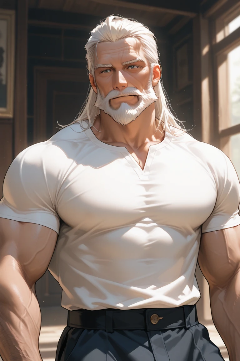 8k, Realistic, HD, 1boy, solo, correct anatomy, mature male, short beard, white beard, Moustache, white Moustache, muscular, abs, toned body, smile, posing, black pants, shoulder-lenght hair