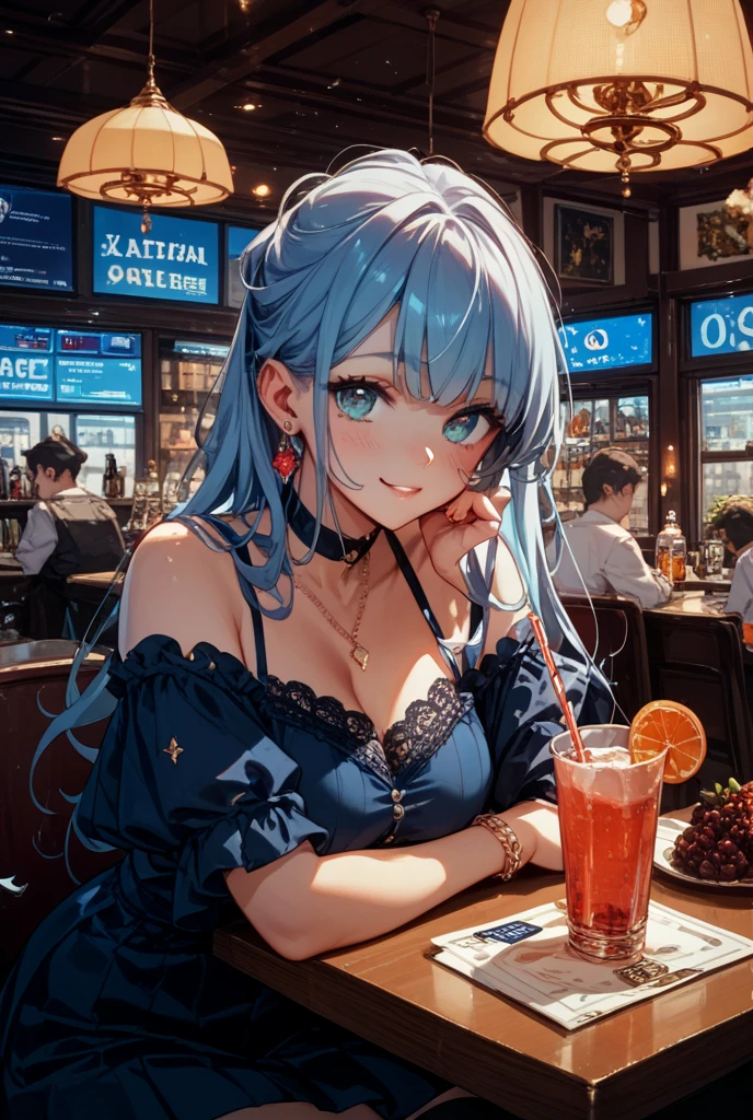 Anime Moe Art Style,highest quality,High resolution,Anatomically correct,One Girl,Mid-teens,A girl with light blue hair in a ponytail,Super detailed,Fantasy-style world,off shoulder tops,mini skirt,Big Breasts,Laughing with your mouth open,Bright smile,A rich expression,Open Terrace Cafe,white round table、On the table, eyes drawn in detail,hair ornaments,necklace,bracelet,ring,8K