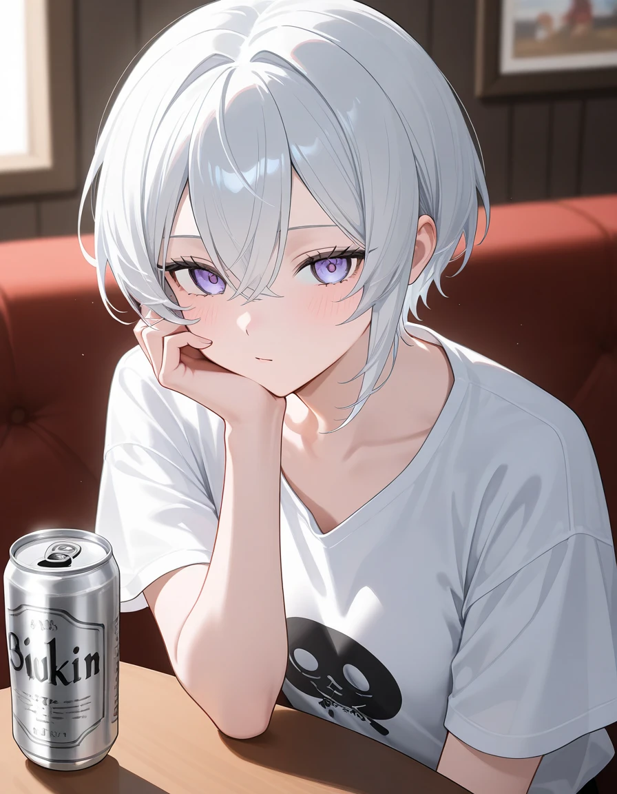 anime styling, young pale white-haired man, fleshy lips, gray eyes, Neck tatoo, piercings na boca, wearing a loose jacket, image up to the chest, sitting at a bar table drinking a glass of beer, background scenery a bar with lots of colorful lights
