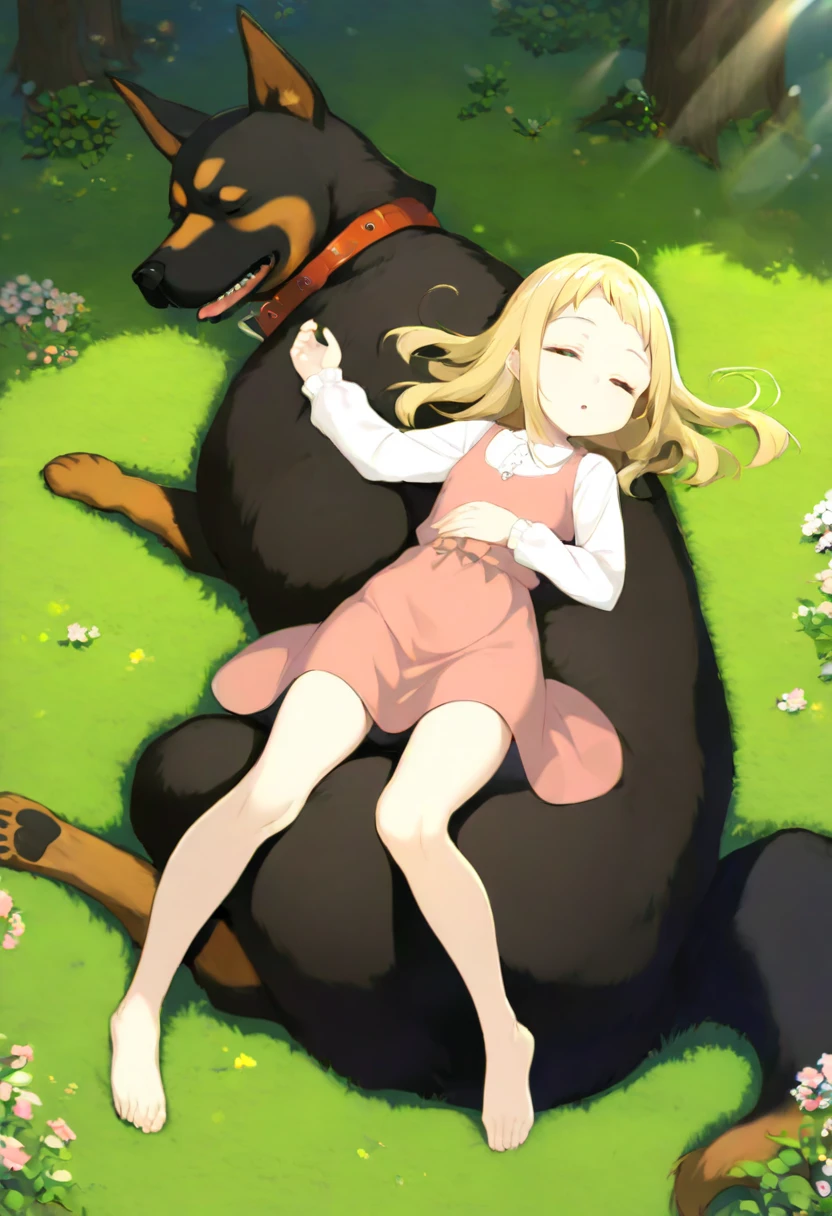 A woman with glowing red eyes and extremely long blonde hair. She is sitting on a sofa in the same position as a dog, and she wears a black t-shirt and baggy black pants. She maintains an expression of curiosity. The background is a living room, nothing special
