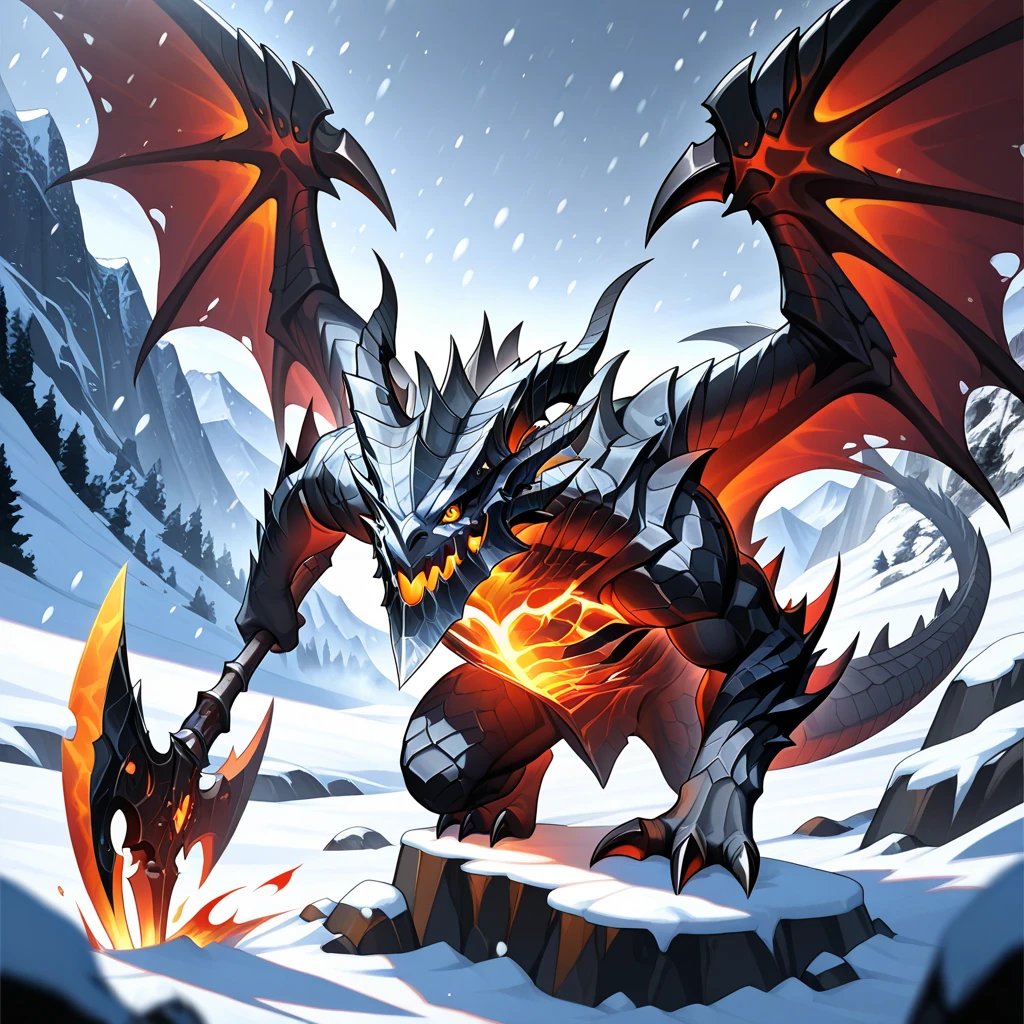 masterpiece, perfect quality, best quality, amazing quality, detailed, high detailed, detailed background, depth of field, 8k, high resolution, solo, deathwing, dragon, unleashing fire from his mouth,monster, feral, (metal jaw:1.05),glowing chest crack,(metal chest:1.1),white chest,white jaw,black horns,wings,orange eyes,multiple horns,nose horn,claws,solo,(black_scales:1.1),(black body:1.1),large wings,red dragon wings,spread wings, 4 fingers, claws, toe claws, 3 toes, unleashing fire from his mouth, full body view, looking at viewer, stand on two legs, stand up straight, weapon, holding big battle axe, shirtless, snow, winter, dynamic pose, rock, cliff, mountain, snowing,