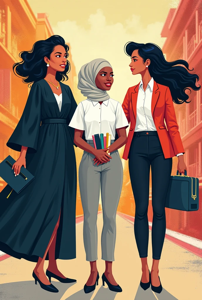Three women cartoon,
one on the left wearing a graduation uniform (Blac hair),
one in the middle wearing a white highschool uniform with a correct pink hijab,
and one on the right wearing an office worker uniform (Black hair).