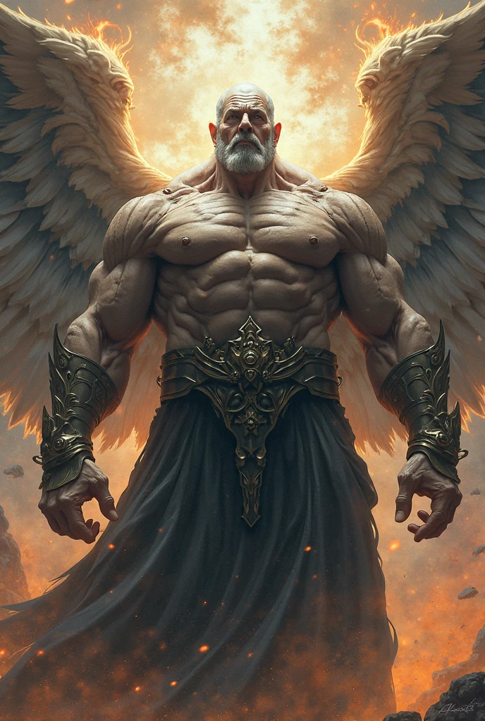 A muscular, noble-looking man with sharp eyes, a strong nose, and a dignified expression, holding a long sword, with short white hair, majestic white wings, floating against a starry sky background, (best quality,4k,8k,highres,masterpiece:1.2),ultra-detailed,(realistic,photorealistic,photo-realistic:1.37),digital art, concept art, cinematic lighting, dramatic, epic, powerful, divine, angelic