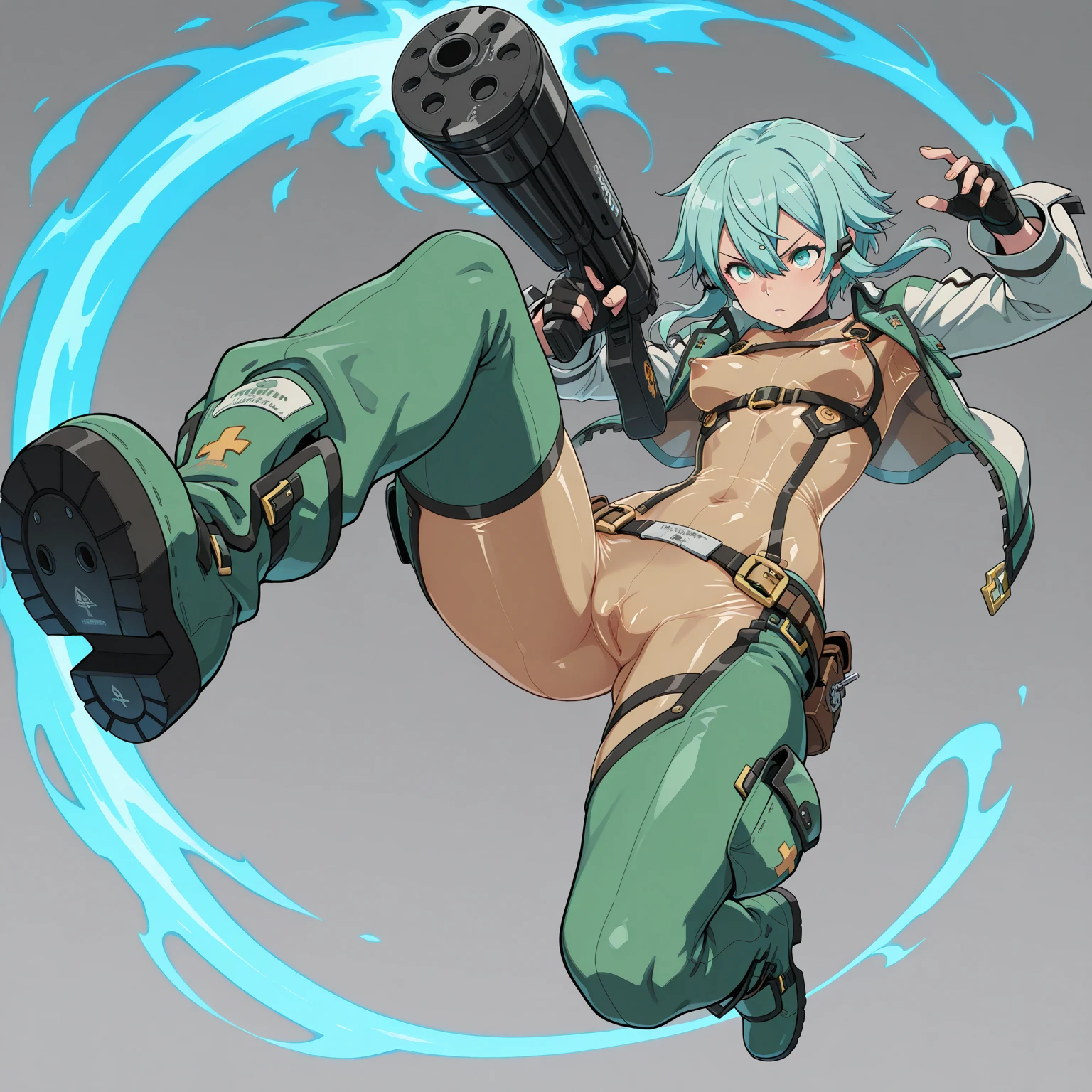 ultra-detailed, Explicit, Beautiful body, Beautiful Nose, Beautiful character design, perfect eyes, perfect face, ultra highres, 4K, beautiful legs, perfect legs, Nice hands, Perfect hand, Masterpiece, Best Quality, Highly detailed, illustration, absurdres, street fighter, doll suit, shadaloo doll, dollsuit, 1girl, solo, expressionless, blank eyes, looking at viewer, red gloves, emotionless, black latex, corrution, mind control, female combatant, full body, hypnotized, unhappy trance, full body suit, ribbed bodysuit, both arms at side, obey, perfect female body, extremely glossy latex, hypnosis, hypnoLora, empty eyes, Mind control device, poses, submissive_pose, Slave, hat, necktie, stand up straight, standing, standing at attention, hat, necktie, belt, latex, ribbed bodysuit, thighhighs, garter belt, Fighting Stance, extending the right arm from the shoulder into the air with a straightened hand, nazi saluting, military, military saluting, salute, thigh boots, Perfect anatomy, perfect hand, perfect finger, Yu-Gi-Oh!, Winda Priestess of Gusto, green eyes, green hair, ponytail